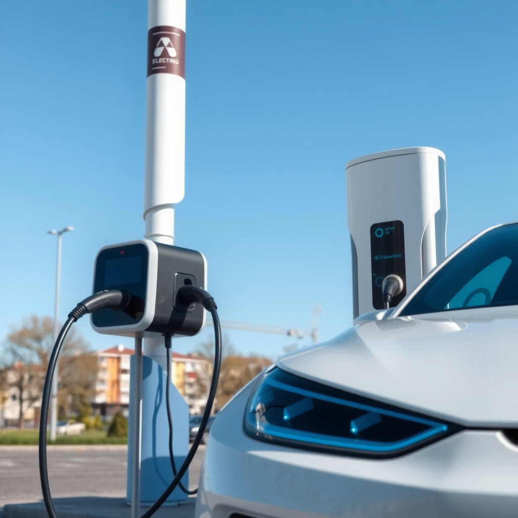 Estación de carga para vehículos eléctricos en Buenos Aires, Argentina, con auto eléctrico moderno conectado, cielo azul, entorno urbano, concepto de energía limpia