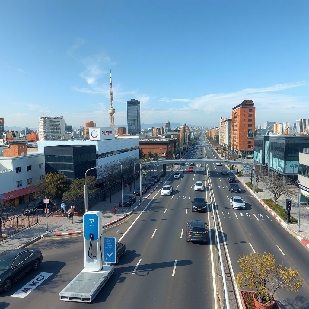 Vista panorámica de Buenos Aires mostrando vehículos eléctricos en las principales avenidas con estaciones de carga modernas integradas en el paisaje urbano