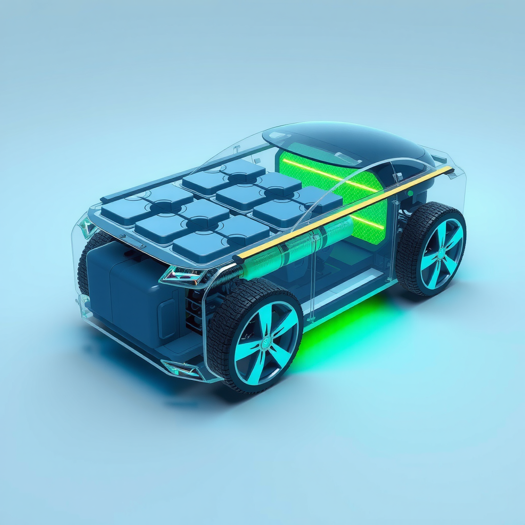 Ilustración moderna de tecnología de baterías de vehículos eléctricos mostrando celdas de batería avanzadas, sistemas de gestión térmica y componentes de carga rápida en un diseño futurista con tonos azules y verdes