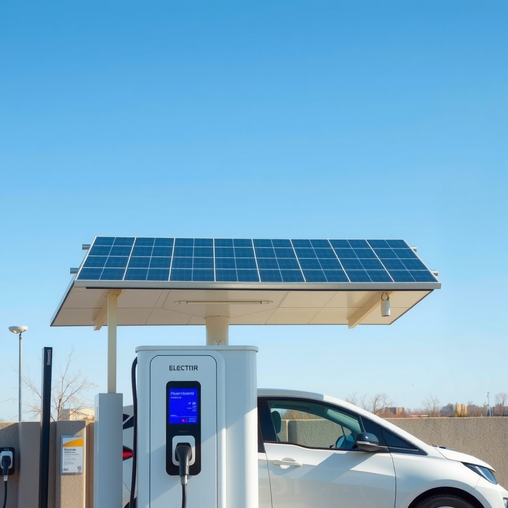 Estación de carga para vehículos eléctricos con paneles solares instalados en el techo, bajo un cielo azul brillante en Argentina, mostrando tecnología de energía renovable integrada con infraestructura de movilidad eléctrica