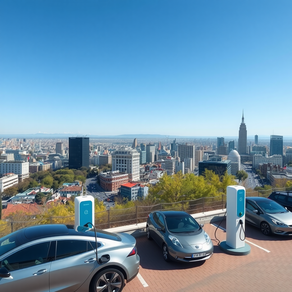 Vista panorámica de Buenos Aires con estaciones de carga para vehículos eléctricos en primer plano, autos eléctricos modernos estacionados, infraestructura urbana sostenible, cielo azul brillante, ambiente optimista y futurista