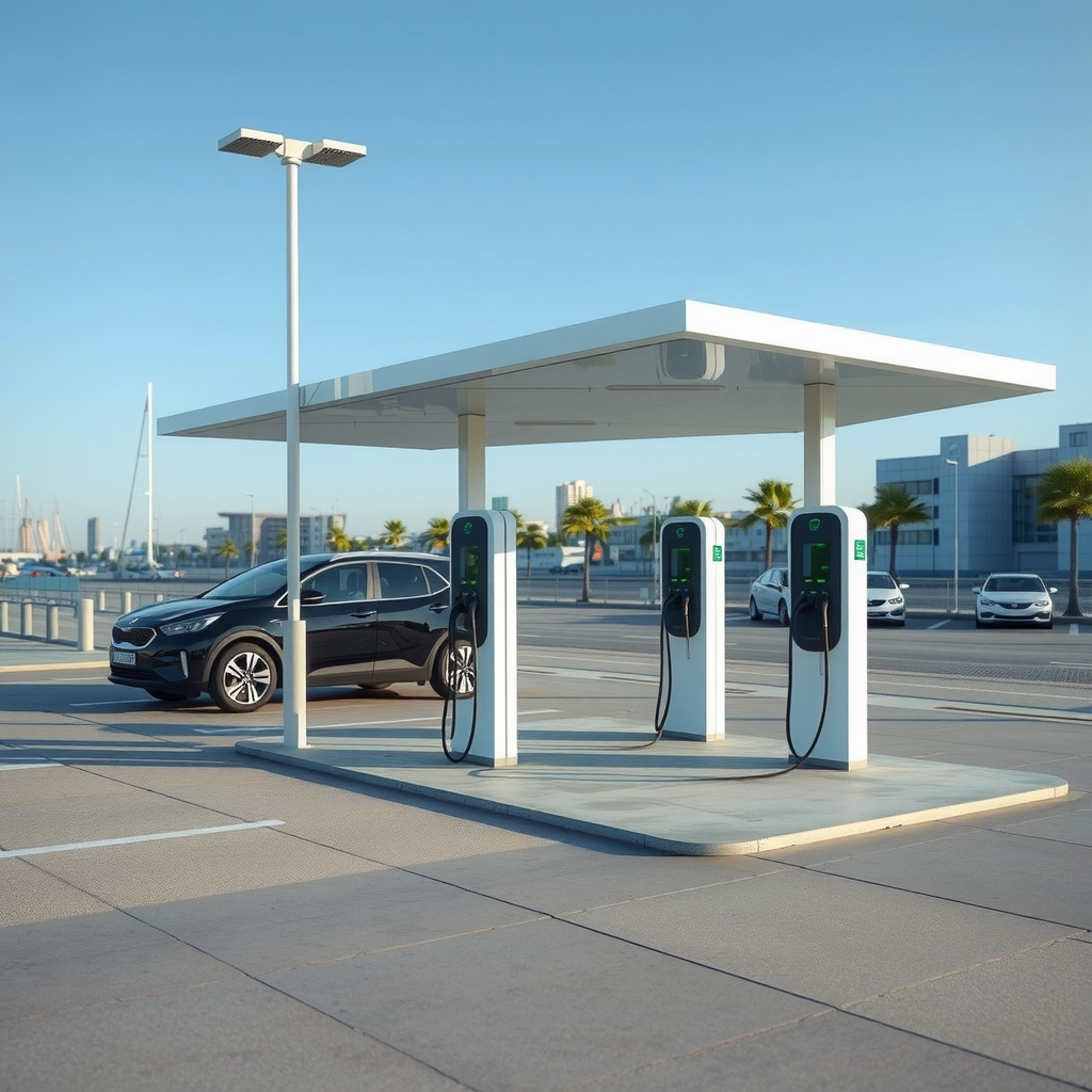Estación de carga rápida para vehículos eléctricos ubicada en Puerto Madero con diseño moderno y tecnología de punta