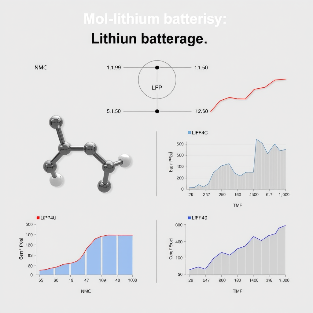 Diagrama técnico comparativo mostrando la estructura molecular de diferentes químicas de baterías de litio, incluyendo NMC y LFP, con gráficos de rendimiento y eficiencia energética
