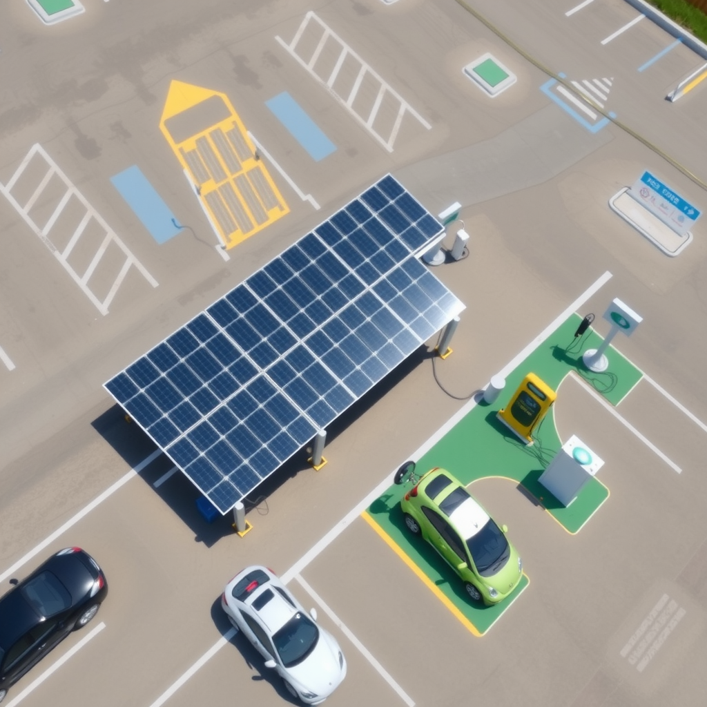 Vista aérea de una instalación de paneles solares fotovoltaicos en un estacionamiento con estaciones de carga para vehículos eléctricos, mostrando la integración de tecnología solar con infraestructura de movilidad eléctrica en Argentina