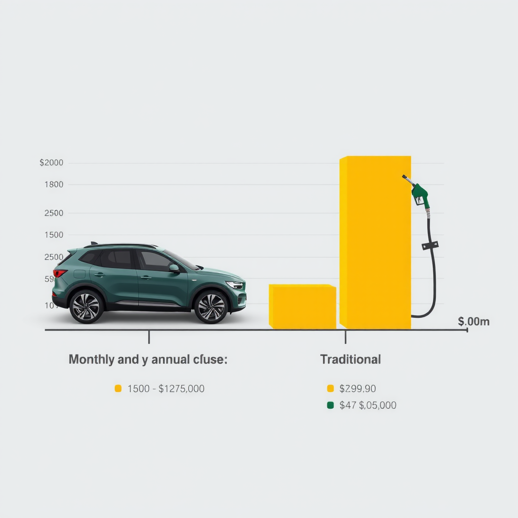 Gráfico de barras comparativo mostrando costos mensuales y anuales de combustible entre vehículos eléctricos y tradicionales, con iconos de surtidor de gasolina y enchufe eléctrico, destacando el ahorro significativo de los vehículos eléctricos