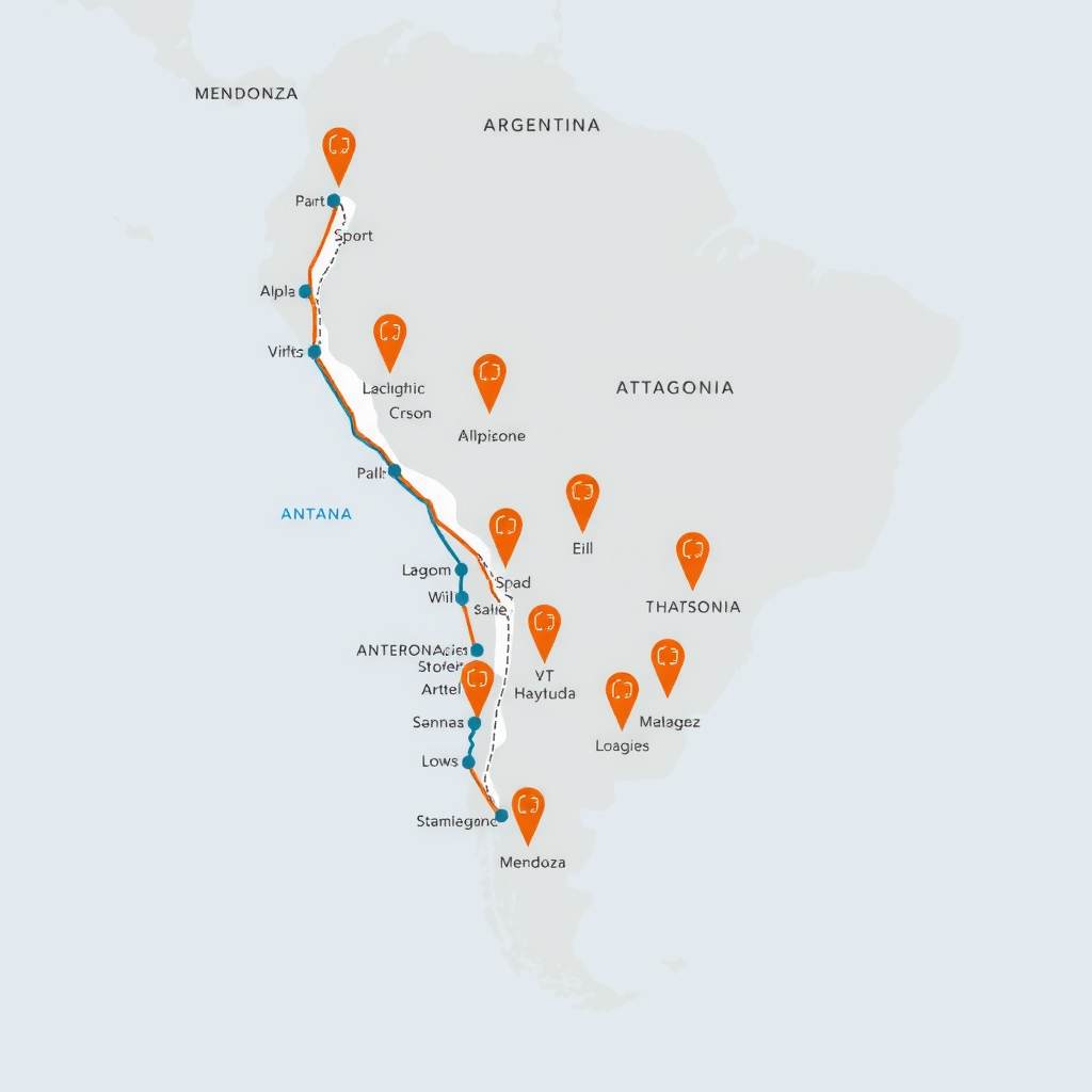 Mapa de Argentina con marcadores de estaciones de carga para vehículos eléctricos desde Mendoza hasta Patagonia, rutas interconectadas, paisajes diversos argentinos, estaciones de carga rápida modernas, tecnología de movilidad sostenible