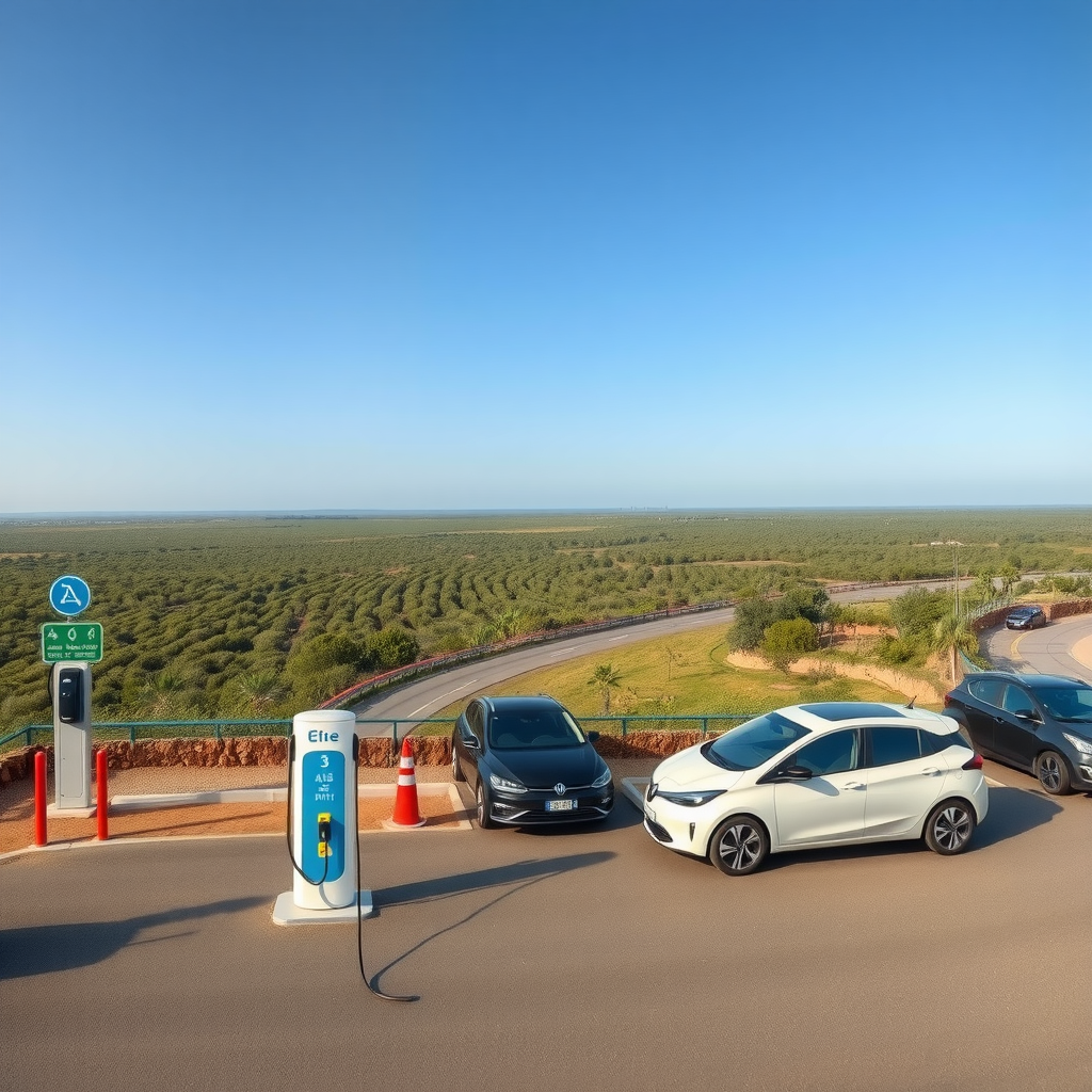 Vista panorámica de una estación de carga en la ruta hacia la costa atlántica argentina, con señalización clara, múltiples puntos de carga y vehículos eléctricos estacionados, rodeada de paisaje de pampa húmeda