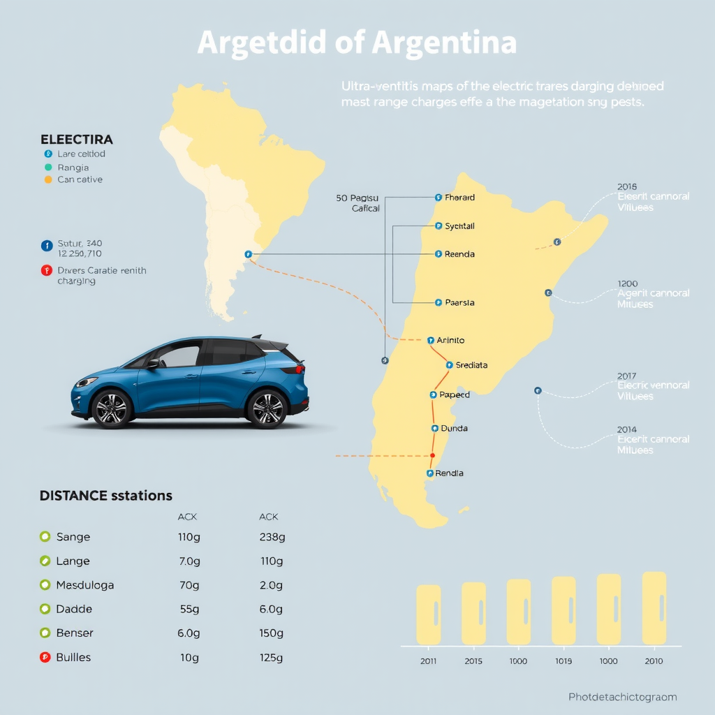Gráfico infográfico mostrando mapas de rutas argentinas con indicadores de autonomía de vehículos eléctricos, estaciones de carga y comparativas de distancias entre ciudades principales