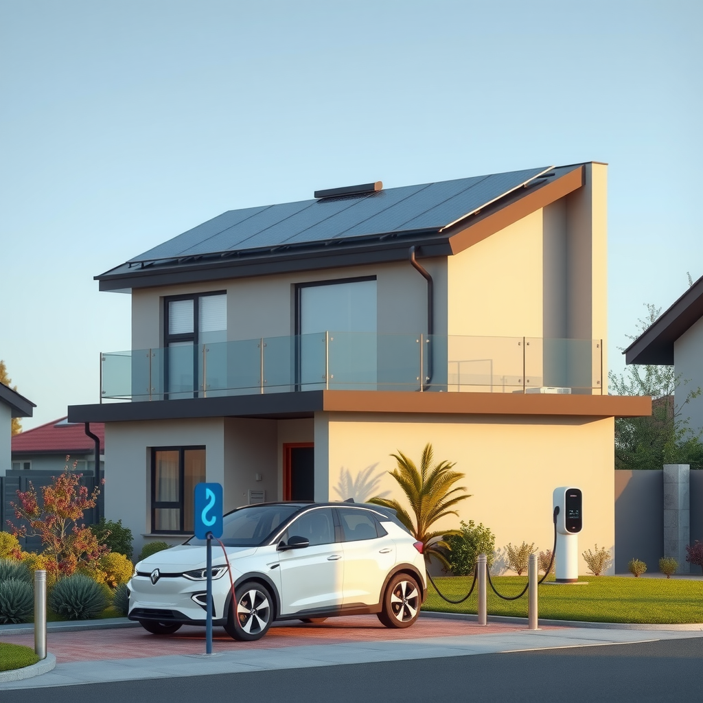 Casa residencial moderna en Argentina con paneles solares en el techo y un vehículo eléctrico conectado a un cargador doméstico, ilustrando la integración de energía solar residencial con movilidad eléctrica sostenible