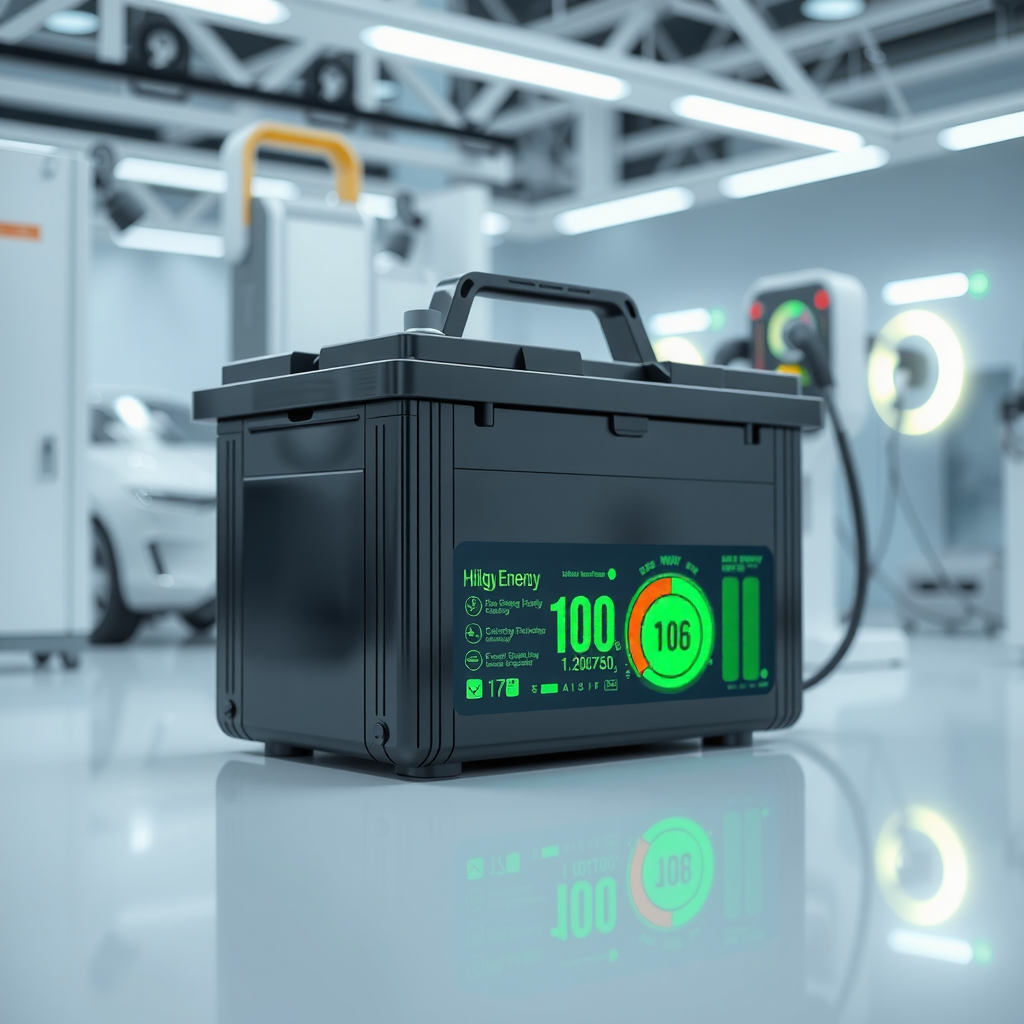 Batería de vehículo eléctrico de alta tecnología con indicadores de energía brillantes, gráficos de rendimiento mejorado, tecnología de carga rápida, ambiente de laboratorio moderno, innovación en almacenamiento de energía, diseño futurista y limpio
