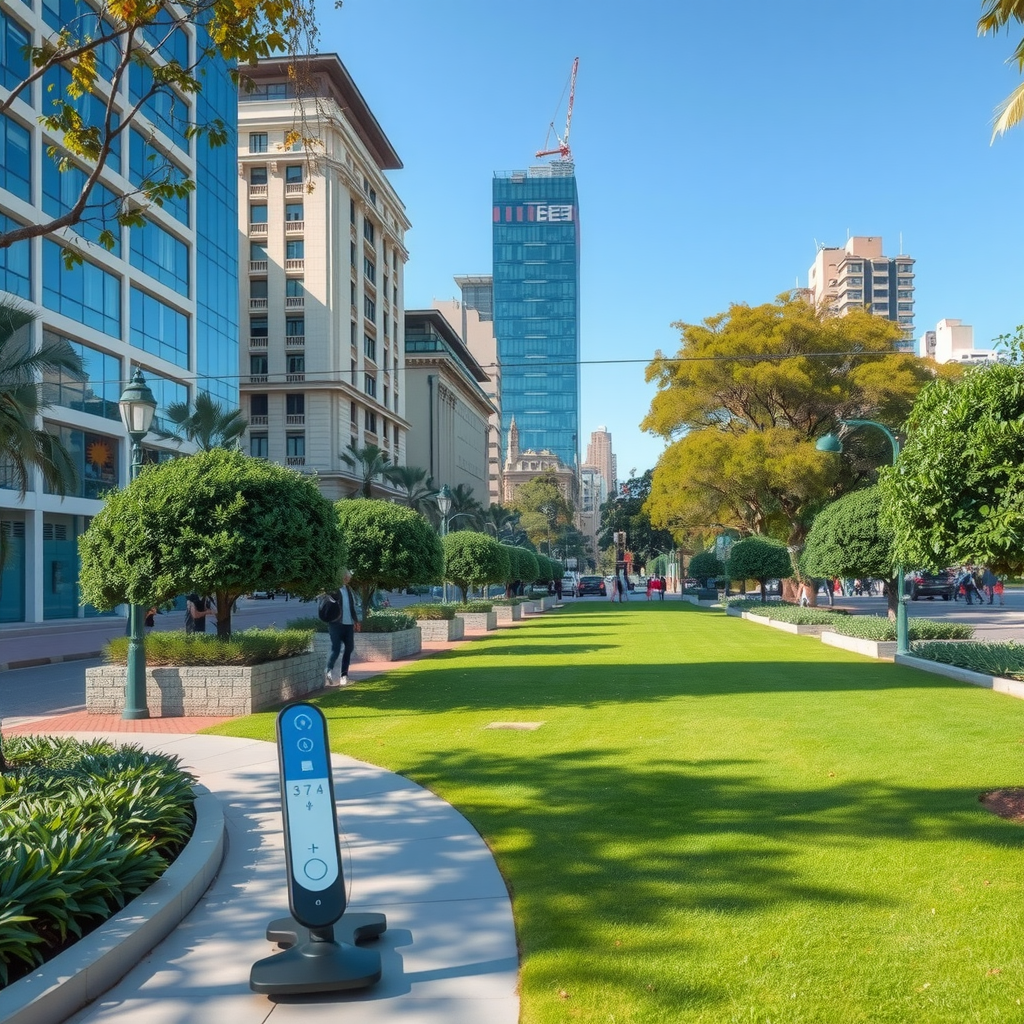 Espacio verde urbano en Buenos Aires mostrando el impacto positivo de la movilidad eléctrica en la calidad del aire y el bienestar ciudadano