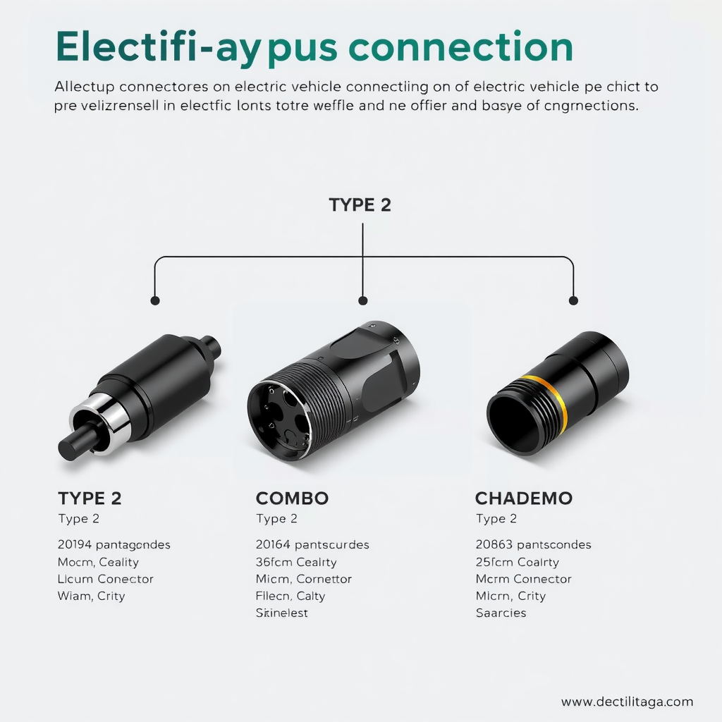 Infografía educativa mostrando los diferentes tipos de conectores para vehículos eléctricos disponibles en Argentina: Tipo 2, CCS Combo, CHAdeMO, con ilustraciones detalladas de cada conector y sus especificaciones técnicas