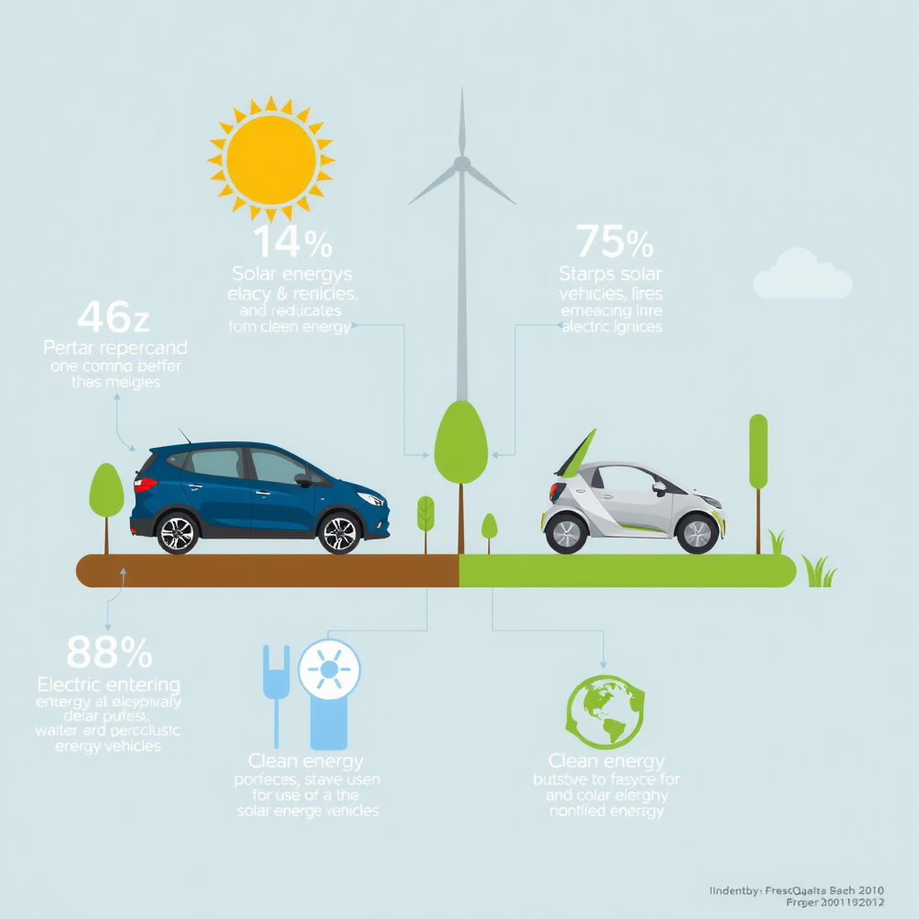Infografía visual mostrando el impacto ambiental positivo de la combinación de energía solar y vehículos eléctricos, con iconos de árboles, reducción de CO2 y energía limpia en un diseño moderno y optimista