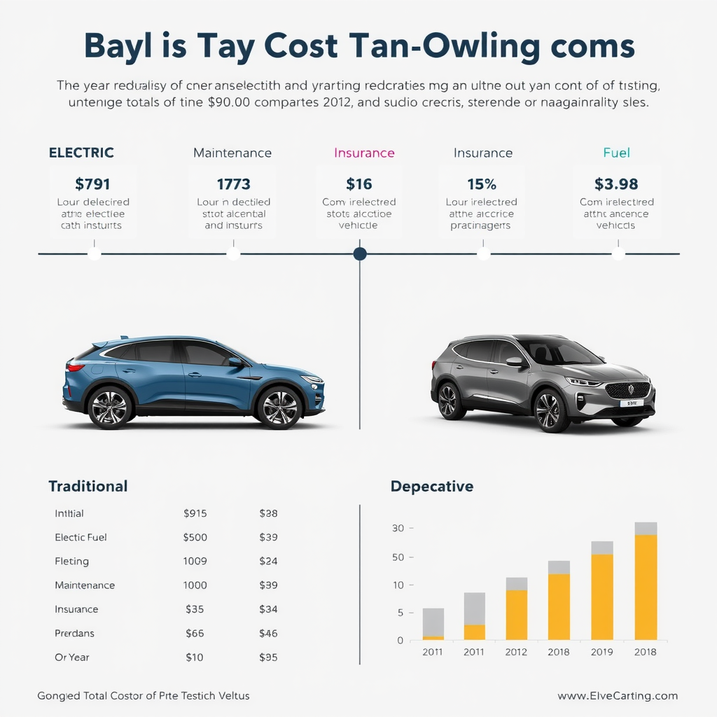 Infografía detallada mostrando el costo total de propiedad a 5 años comparando vehículos eléctricos y tradicionales, incluyendo compra inicial, combustible, mantenimiento, seguro y depreciación, con líneas de tiempo y gráficos de barras apiladas