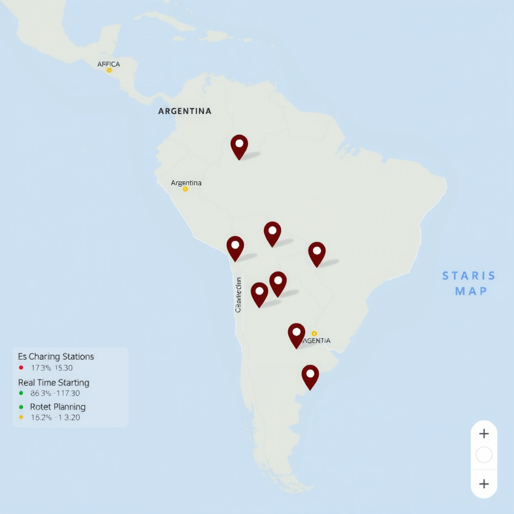 Captura de pantalla de una aplicación móvil mostrando un mapa interactivo de Argentina con iconos de estaciones de carga, filtros de búsqueda, información de disponibilidad en tiempo real y opciones de planificación de rutas