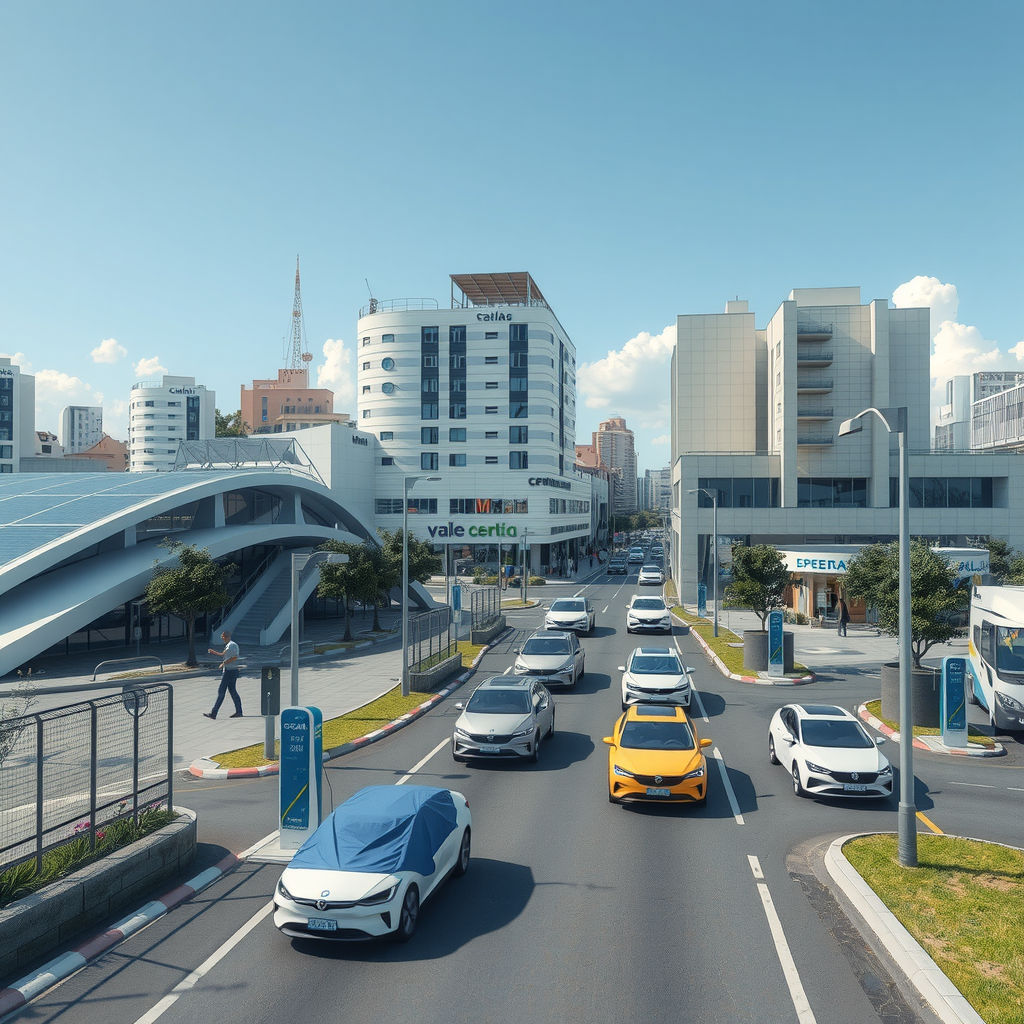 Visión futurista de una ciudad argentina con múltiples estaciones de carga solar, vehículos eléctricos circulando, paneles solares en edificios y espacios públicos, representando un ecosistema de movilidad sostenible completamente integrado