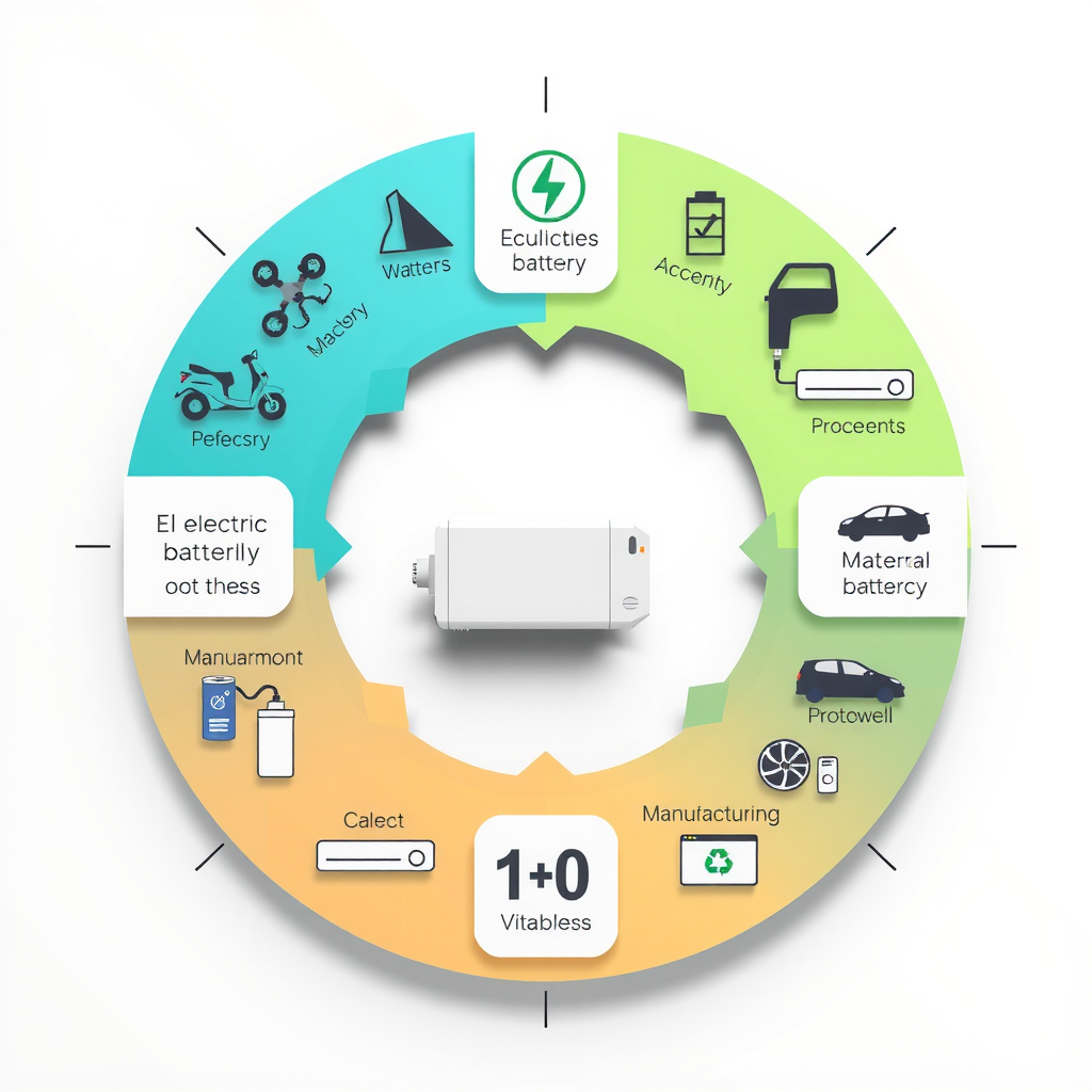 Diagrama de flujo circular mostrando el proceso de reciclaje de baterías de vehículos eléctricos, desde la recolección hasta la recuperación de materiales y fabricación de nuevas baterías, con iconos ecológicos